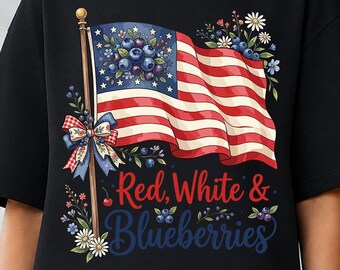 Red White & Blueberries SVG, Patriotic Coquette PNG, Floral American Flag Shirt Design, Cute 4th of July Graphic