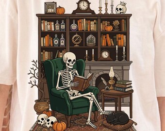 Skeleton Reading PNG | Dark Academia Halloween Sublimation Design (Digital Download)