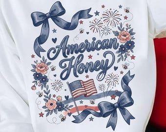 American Honey PNG, Coquette 4th of July SVG, Patriotic Bow Shirt Design, USA Floral Vintage Graphic