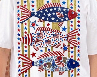 Patriotic Fish PNG | American Flag Sublimation Design | Coastal USA Graphic | 4th of July Fishing Printable