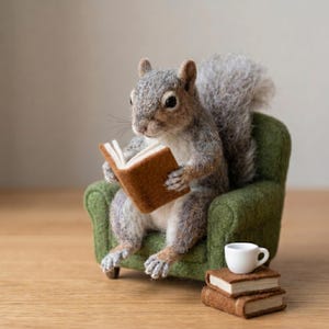 Könnte beinhalten: Eine nadelgefilzte graue Eichhörnchenfigur sitzt in einem grünen Miniatur-Sessel und hält ein kleines braunes Buch. Neben dem Sessel steht eine winzige weiße Keramiktasse auf einem Stapel aus zwei kleinen braunen Büchern.