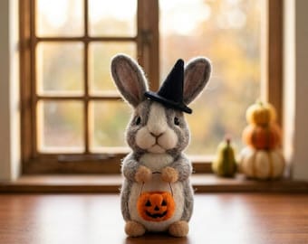 Halloween Bunny Needle Felt Figurine | Spooky Rabbit Decor | Witch Bunny with Pumpkin | Fall Halloween Gift