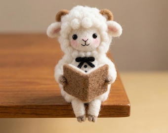 Handmade Needle Felt Sheep Reading Book | Lamb Figurine Decor | Book Lover Gift | Farm Animal Collectible