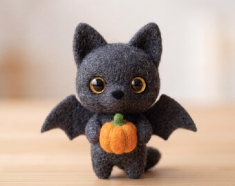 Needle Felt Bat Cat Figurine | Halloween Cat Decor | Gothic Animal Gift | Spooky Autumn Decoration