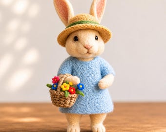 Needle Felt Bunny with Flower Basket | Handmade Wool Rabbit Figurine | Spring Decor | Easter Gift Idea | Cottagecore Animal