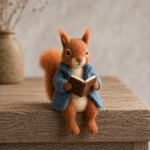 Könnte beinhalten: Handgefertigte Eichhörnchen-Figur aus Filz mit orangefarbenem Fell, die einen blauen Mantel trägt und ein kleines braunes Buch hält. Das Eichhörnchen sitzt auf einer Holzoberfläche, im Hintergrund eine Vase und Trockenblumen.