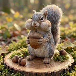 Puede incluir: Una figura de ardilla de lana fieltrada con pelaje gris y marrón, mejillas abultadas y sosteniendo una bellota grande de color marrón. La ardilla se apoya sobre una base de rodaja de madera circular, junto a dos bellotas pequeñas sobre musgo.