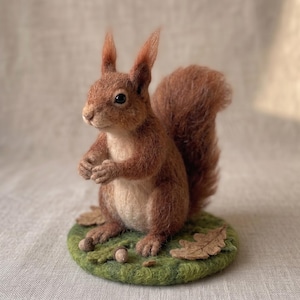 Può includere: Una statuetta di scoiattolo in lana infeltrita con pelliccia bruno-rossastra, pancia color crema e orecchie a punta. Lo scoiattolo si erge su una base circolare verde decorata con piccole foglie di quercia in feltro e due minuscole ghiande.
