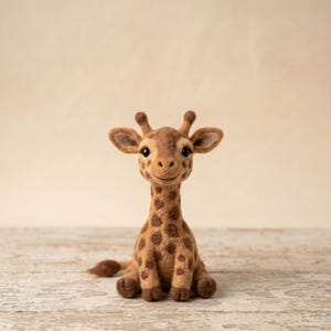 May include: A needle-felted giraffe figurine featuring a light tan body with darker brown spots, two small ossicones on its head, large dark eyes, and a small tail. The giraffe is depicted in a seated position with its front legs resting forward.