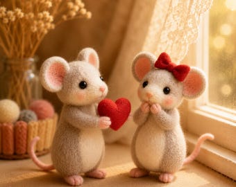 Needle Felt Mice Couple Gift | Romantic Heart, Rose, Love Letter Keepsake