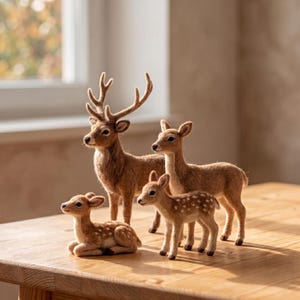 Needle Felt Deer Family Set, Woodland Animal Figurines, Miniature Sculpture, Forest Decor