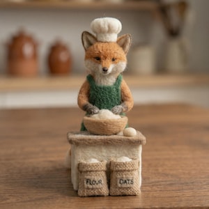 Nålfiltad rävbagarefigur, ullkockdjur i köksdekor, present i Woodland Cottagecore