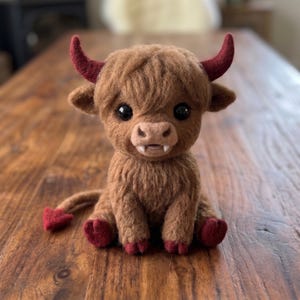 May include: A needle-felted brown highland cow figurine with dark red horns, hooves, and a heart-shaped tail tip. The creature has large black eyes, a textured fuzzy coat, and two small white fangs protruding from its mouth while sitting upright.
