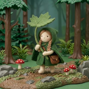 Puede incluir: Una muñeca de fieltro con cabello castaño claro en trenzas, vistiendo una capa con capucha verde oscuro y una bolsa marrón. La muñeca sostiene una hoja de arce verde grande sobre su cabeza como paraguas, de pie en un sendero con setas.