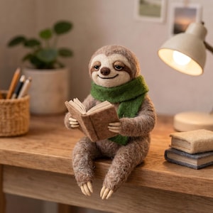 Puede incluir: Una figura de perezoso hecha a mano, con una bufanda verde, lee un libro pequeño sobre una superficie de madera. El perezoso tiene una expresión sonriente y está iluminado por una lámpara de escritorio. Dos libros en miniatura están apilados cerca.