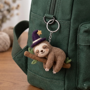 Needle Felt Sloth Keychain, Wizard Hat Woodland Animal Charm, Wool Backpack Accessory