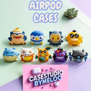 Könnte beinhalten: Eine Sammlung farbenfroher AirPod-Hüllen in verschiedenen Charakterdesigns, darunter eine gelbe Ente mit Sonnenbrille, ein blau-gelbes Wesen und ein lila Monster mit Zylinder. Der Text "AIRPOD CASES" steht oben.