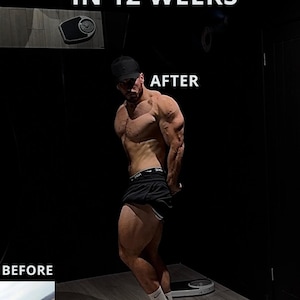 May include: Image showing a man's physique transformation. The text reads "BUILD SIZE AND STRENGTH IN 12 WEEKS." The "AFTER" photo shows a muscular man in black shorts and a cap. The "BEFORE" photo shows a man on a beach. The text "BY EVITALITY" is also present.