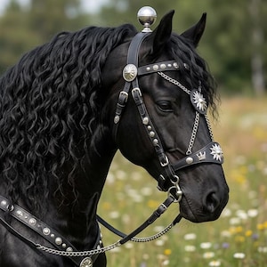 Könnte beinhalten: Ein majestätisches schwarzes Pferd mit wallender Mähne und einem detailreichen Lederzaum mit silbernen Akzenten. Der Hintergrund aus Grün und Wildblumen unterstreicht die eleganten Merkmale des Pferdes.