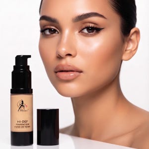 Può includere: Un flacone di fondotinta HI-DEF con pompa e tappo neri. Il flacone è beige con il marchio "Meow!" e il nome del prodotto in inglese e francese. Sullo sfondo, una donna con la pelle impeccabile.