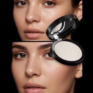 Può includere: Un compatto nero con polvere bianca e uno specchio, su sfondo nero. Il compatto è aperto, rivelando la polvere. L'immagine mostra anche il volto di una donna, con un focus sugli occhi e sulle labbra.