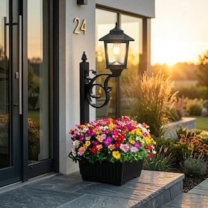 May include: A black outdoor lamp with a decorative bracket and a rectangular planter filled with colorful flowers. The lamp is mounted on a light-colored wall with the number 24 in gold. The flowers are a mix of red, yellow, pink, and purple.