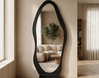 Irregular Full Body Mirror - Modern Asymmetric Floor Dressing Mirror - Black Frame Wall-Mounted Aesthetic Mirror for Bedroom & Fitting Room