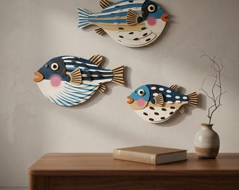 Set of 3 Pufferfish Wall Art, 3D Layered Wood Fish Decor, Nautical Nursery Gallery Set, Coastal Beach House Wall Hanging,Marine Sculpture