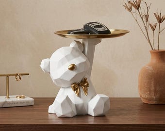 Geometric Teddy Bear Key Tray, Modern Entryway Catchall Bowl, Low Poly White and Gold Bear Sculpture, Vanity Jewelry Organizer, Unique Gift