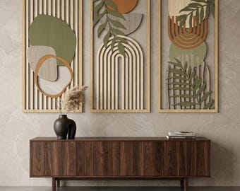 Set of 3 Abstract Wood Wall Art, 3D Botanical Panels, Modern Boho Living Room Decor, Large Slat Wall Sculpture, Japandi Wood Relief Art