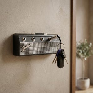 Puede incluir: Un llavero negro y plateado con forma de amplificador Fender vintage, montado en la pared. El llavero tiene un dise&ntilde;o de rejilla de altavoz y el logotipo de Fender. Las llaves cuelgan de un conector met&aacute;lico que se enchufa en el llavero.
