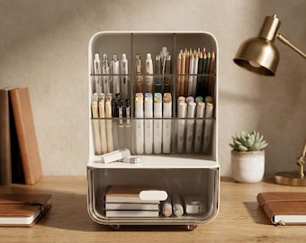 Aesthetic Desk Organizer - Slanted Large Capacity Pen Holder - Stationery Storage Box with Transparent Drawer - School Supplies Organizer