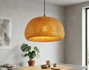 Bamboo Pendant Light, Natural Handwoven Ceiling Lamp Shade for Kitchen Island, Dining Room, Bedroom and Boho Japandi Decor