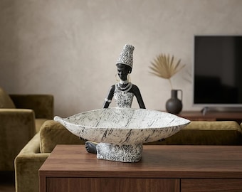 African Woman Decorative Tray, Ethnic Art Centerpiece, Entryway Key Bowl Sculpture, Black and White Tribal Figurine, Housewarming Gift