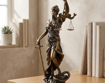 Greek Goddess of Justice Statue - Lady Justice Themis Sculpture with Scales and Sword - 7.5" Vintage Bronze Finish Law Office & Home Decor