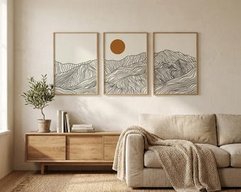 Japanese Alps Sunrise Canvas Wall Art Set of 3 - Abstract Line Landscape Prints - Modern Japandi Living Room & Bedroom Decor Posters