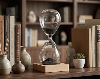 Magnetic Hourglass with Wooden Base - Glass Sand Timer with Iron Filings - Unique Physics Gift - Minimalist Office Desktop Decor
