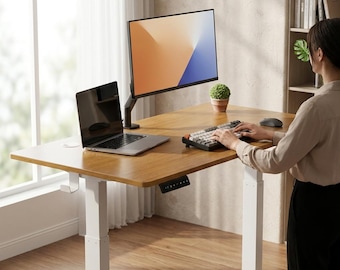 Electric Standing Desk Height Adjustable - Ergonomic Motorized Workstation with Natural Wood Top & White Frame - Home Office Work Table