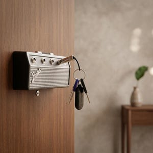 Puede incluir: Un llavero negro y gris con forma de amplificador vintage, montado en una puerta de madera. El llavero tiene el logotipo de Fender y una llave insertada en el conector. Un juego de llaves cuelga del conector.