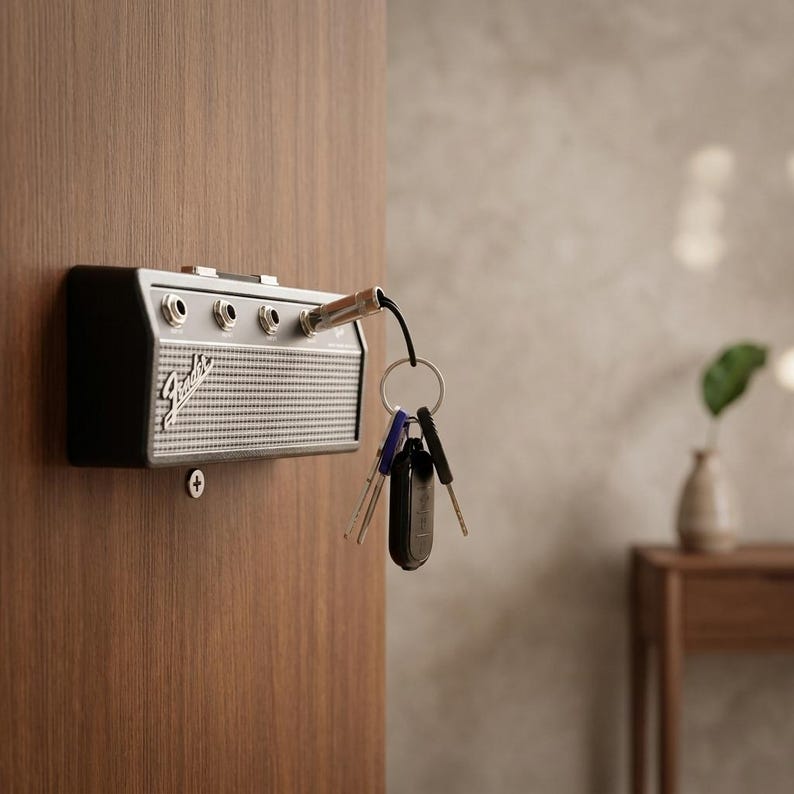 Puede incluir: Un llavero negro y gris con forma de amplificador vintage, montado en una puerta de madera. El llavero tiene el logotipo de Fender y una llave insertada en el conector. Un juego de llaves cuelga del conector.