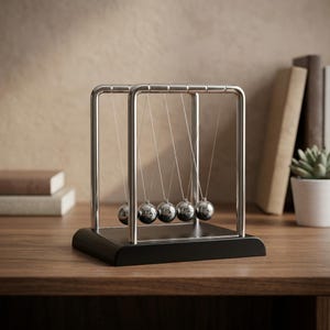 May include: A Newton's cradle desk toy with five polished steel balls suspended from a chrome frame. The base is black, and the toy sits on a wooden surface. Books and a small plant are in the background.