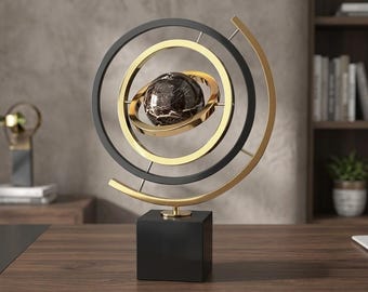 Modern Abstract Rotating Globe Ornamen - Luxury Gold & Black Metal Tabletop Decor - Geometric Celestial Sculpture for Living Room and Office
