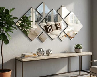 Geometric Multi-Panel Wall Mirror for Modern Minimalist Home Office and Living Room Decor