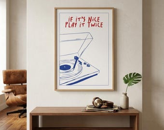 Retro Vinyl Player Poster, If It's Nice Play It Twice Print, Cobalt Blue Turntable Art, Eclectic Living Room Decor, Aesthetic Wall Art