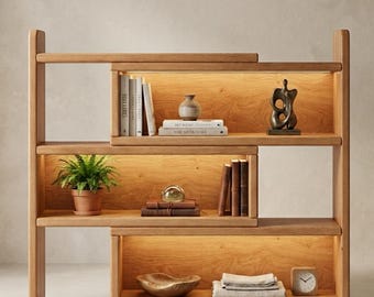 Modern Solid Wood Bookshelf  - Asymmetric Geometric Bookcase - Space-Saving Corner Storage Organizer for Home Office & Study