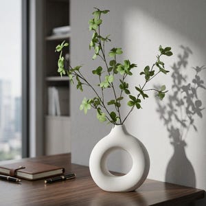 Puede incluir: Un jarrón de cerámica blanco con una abertura circular contiene ramas verdes y frondosas. El jarrón está sobre un escritorio de madera oscura, con un cuaderno marrón y dos bolígrafos negros. La luz del sol proyecta una sombra de las ramas en la pared.