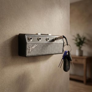 Puede incluir: Un llavero con forma de amplificador Fender negro y plateado montado en la pared. El llavero tiene un dise&ntilde;o de rejilla de altavoz y el logotipo de Fender. Una llave est&aacute; enchufada en el llavero, con un juego de llaves colgando.
