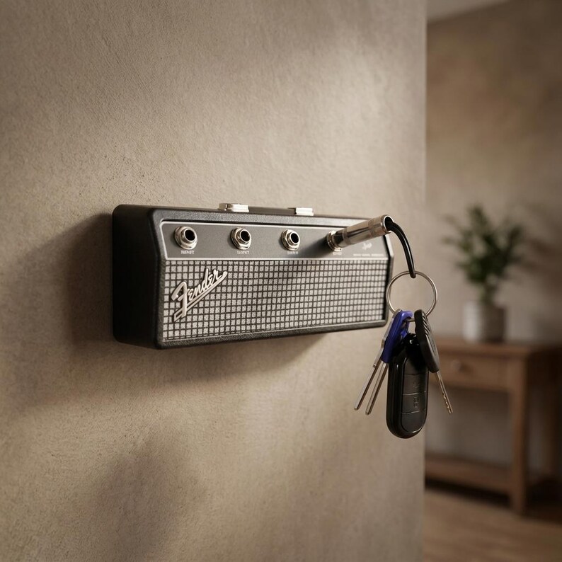 Puede incluir: Un llavero con forma de amplificador Fender negro y plateado montado en la pared. El llavero tiene un dise&ntilde;o de rejilla de altavoz y el logotipo de Fender. Una llave est&aacute; enchufada en el llavero, con un juego de llaves colgando.