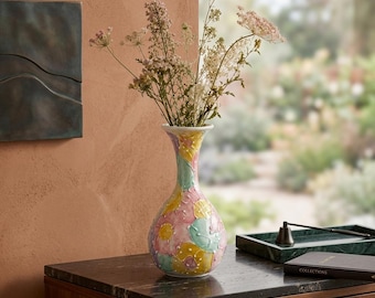 Hand Painted Pastel Floral Vase, Cottagecore Ceramic Flower Vase, Whimsical 3D Textured Pottery, Grandmillennial Home Decor,Birthday Gift