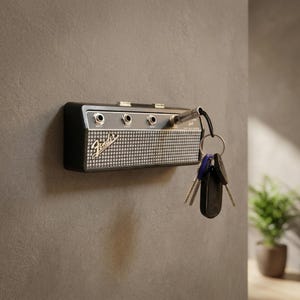Puede incluir: Un llavero negro y plateado con forma de amplificador Fender montado en una pared gris. El llavero tiene un dise&ntilde;o de rejilla de altavoz y el logotipo de Fender. Una llave con un llavero negro y varias llaves est&aacute;n adjuntas.